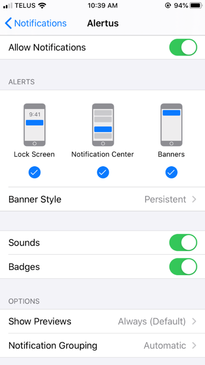the recommended configurations for the Alertus app
